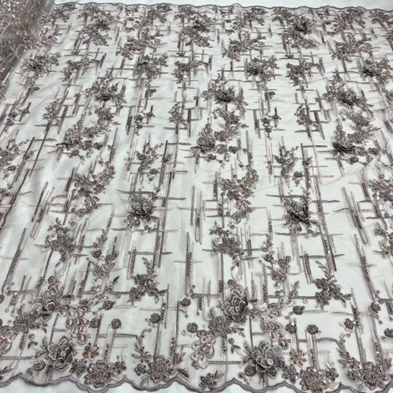 1 Yard Beaded Rhinestone 3D Floral Lace Fabric Embroidered 100 Percent Polyester Net Mesh 50 inch Width